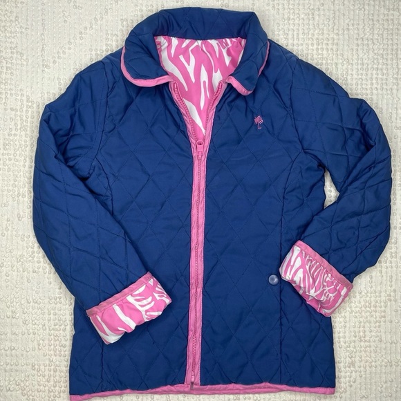 Lilly Pulitzer Other - Lilly Pulitzer Girls Quilted Reversible Puffer Coat Navy Pink Zebra Print Size 6